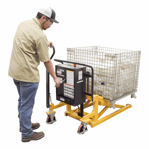 Vestil Steel Tote-A-Load DC Powered Fork Size 27 In. x 43 In. 2,200 Lb. Capacity Yellow